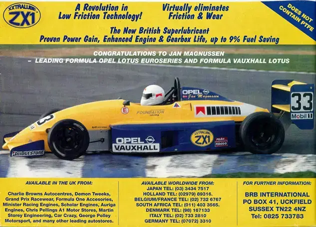 Team ZX1 history with Jan Magnussen racing Opel Vauxhall Lotus sponsored by ZX1 high-performance lubricant.